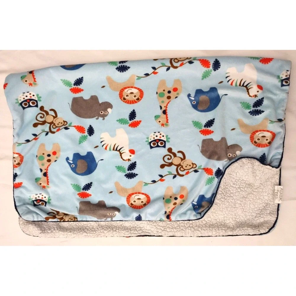 SL Home Fashions 119741 Blue Jungle Baby Blanket Giraffe Elephant Owl Monkey Boy
